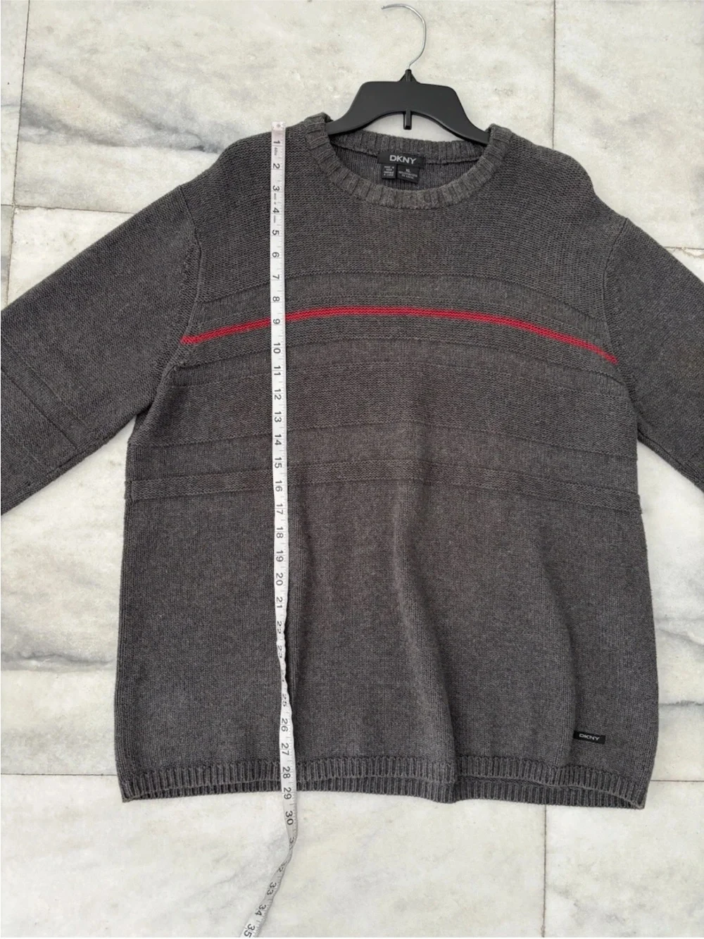 90s VTG DKNY Sweater Gray Red Stripe Pullover Long Sleeve Cotton Mens XL Preppy